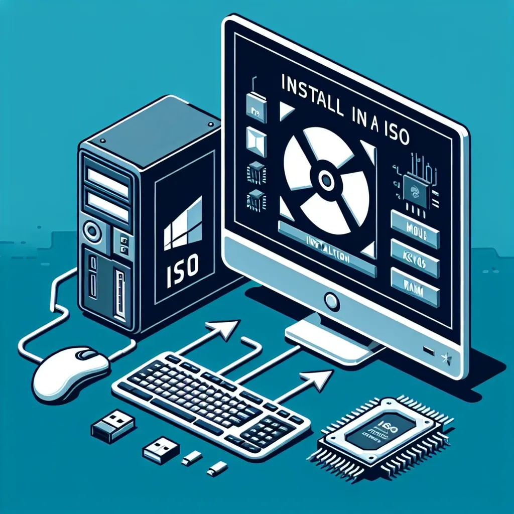 Illustration of a computer setup displaying an ISO installation screen with peripherals.