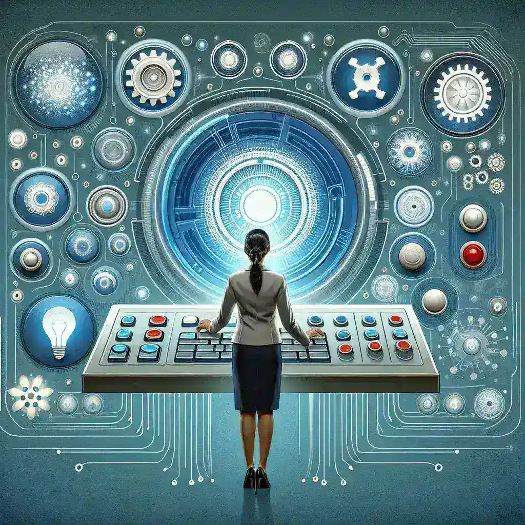 A woman in a business suit interacting with a large control panel surrounded by digital gears and icons.