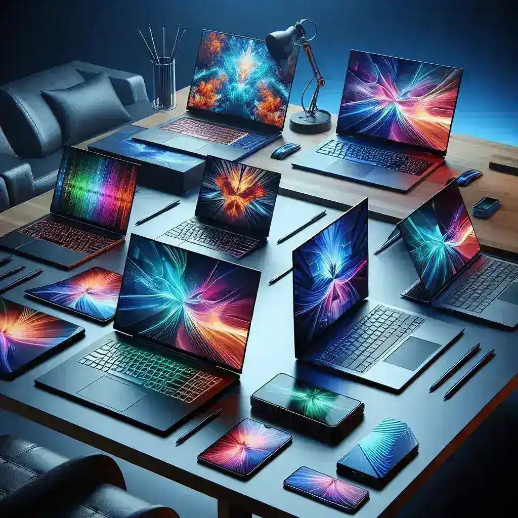 Various laptops and mobile devices arranged on a table, each displaying vibrant, colorful graphics.