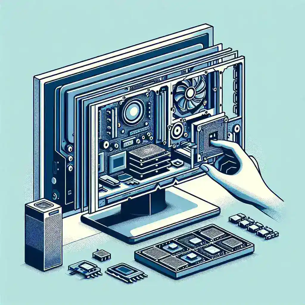 Illustration of a computer with internal components being accessed and a hand interacting with them.