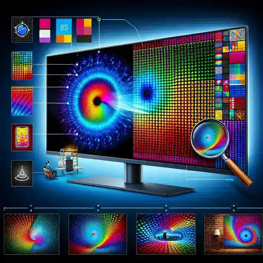 A computer monitor displaying vibrant visual patterns and color gradients in various designs.