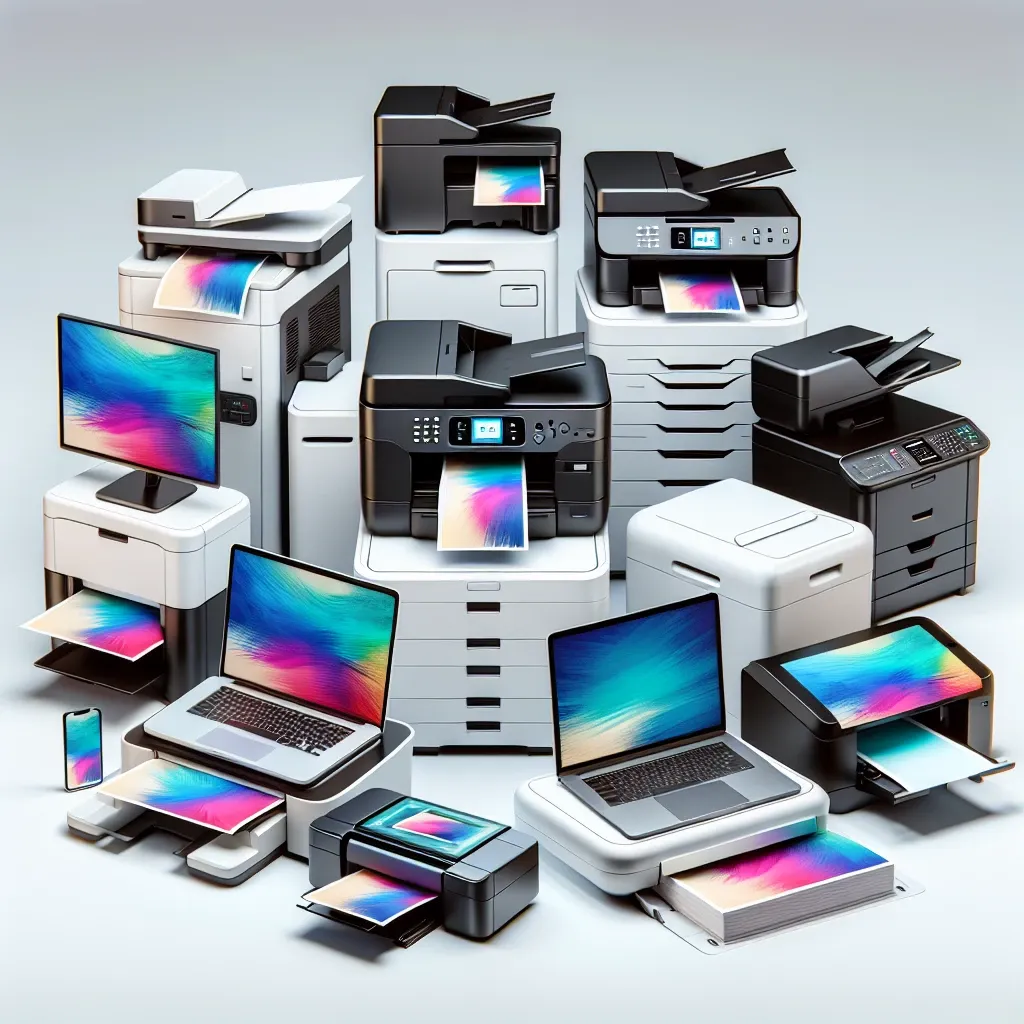 Various models of printers and computers arranged together, displaying printed images on their screens.
