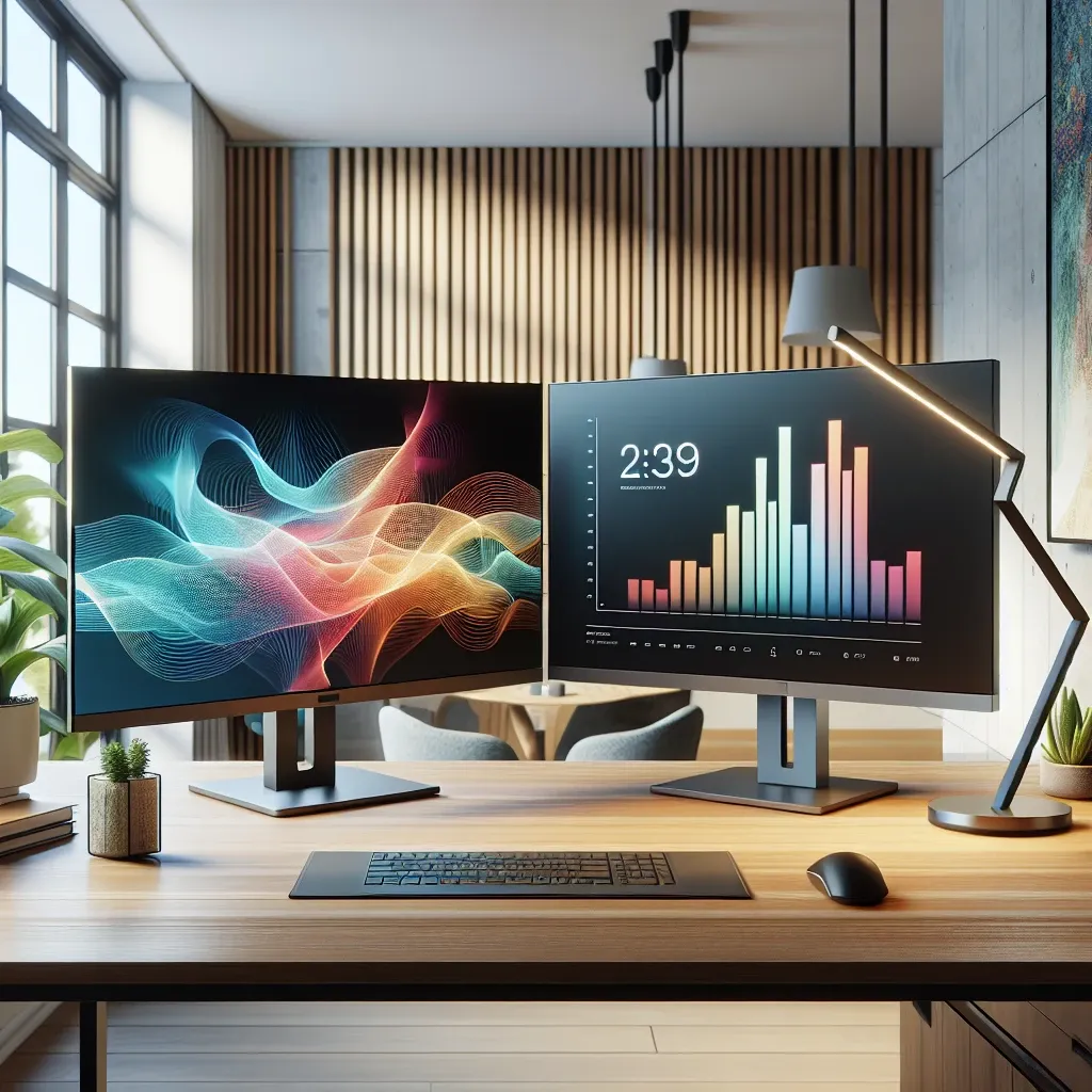Two computer monitors displaying colorful graphics and a bar graph on a wooden desk with a keyboard and mouse.
