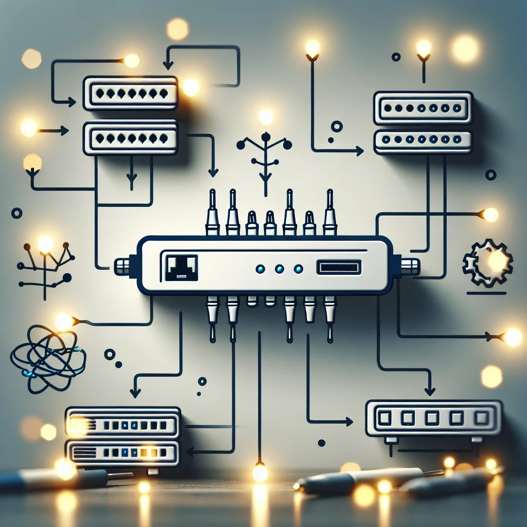 A network router with various illustrated connections and icons around it, depicting data flow.