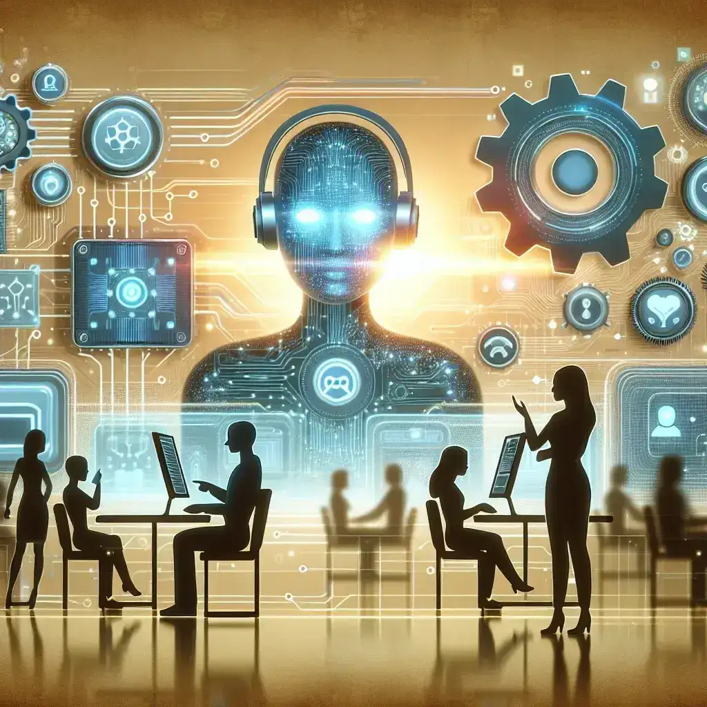 Silhouettes of people interacting with technology and a digital representation of an AI figure with glowing features.