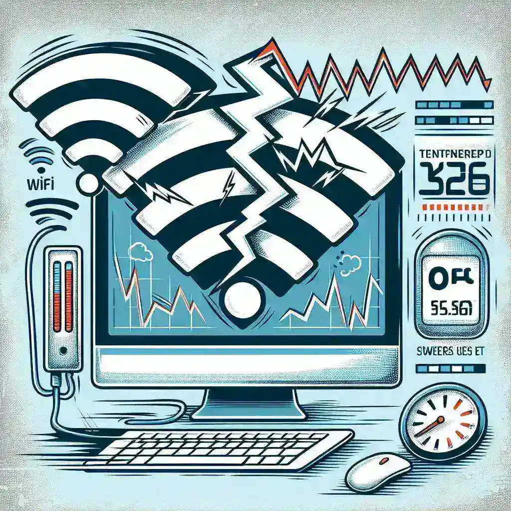 Illustration of a computer screen displaying WiFi signals, graphs, and various data metrics.