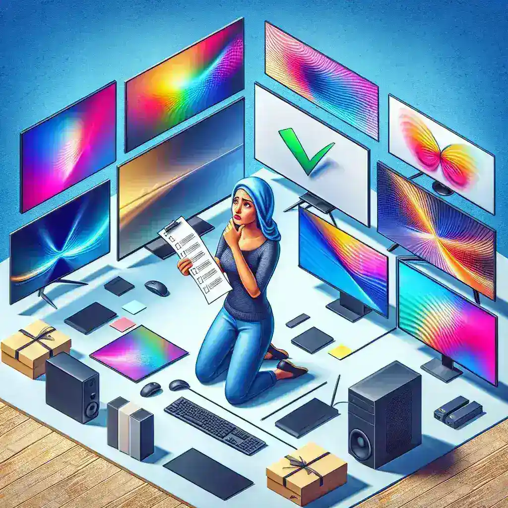 A woman kneeling on the floor surrounded by various computer monitors and equipment while reviewing a checklist.