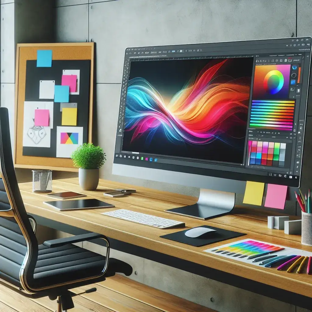 A modern workspace featuring a computer monitor displaying colorful design graphics and various stationery items on a desk.