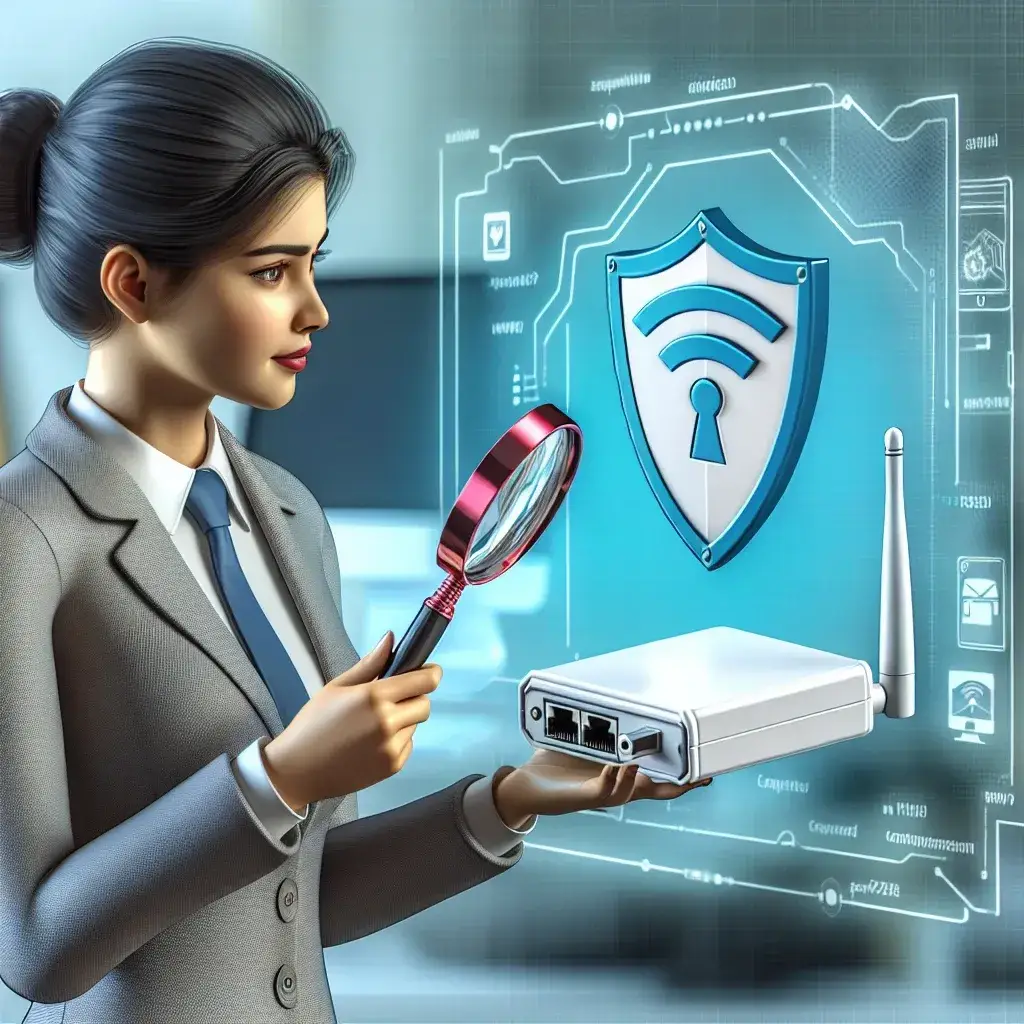 A woman in a suit examining a network device with a magnifying glass and a security shield graphic in the background.