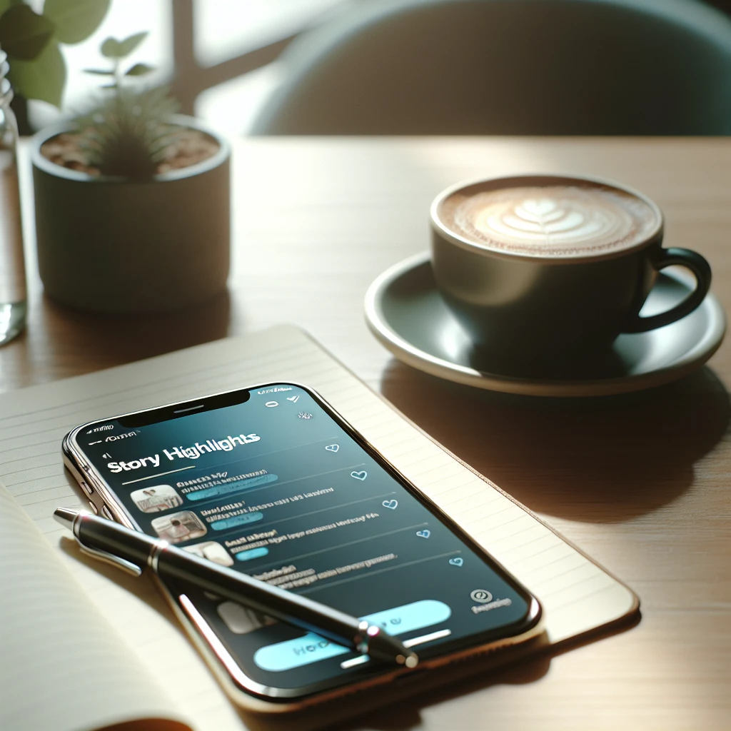 Smartphone on a notebook showing social media story highlights with a coffee cup in the background.