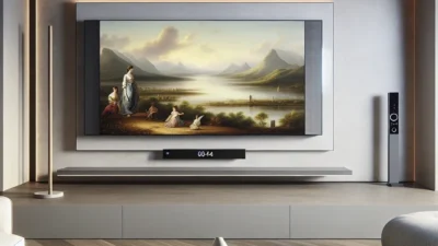 "Samsung The Frame Pro TV displaying a stunning landscape artwork, seamlessly integrating into a modern living room decor, showcasing the perfect blend of art and technology."