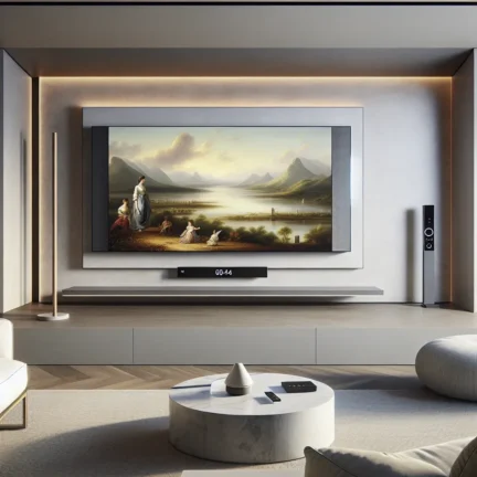 "Samsung The Frame Pro TV displaying a stunning landscape artwork, seamlessly integrating into a modern living room decor, showcasing the perfect blend of art and technology."