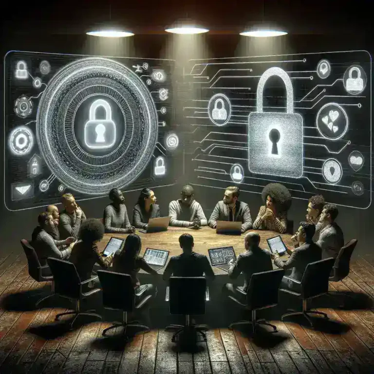 "Illustration depicting ethical considerations in testing social media platforms for vulnerabilities, featuring a balance scale symbolizing fairness, a computer screen with cybersecurity elements, and diverse individuals collaborating in a digital landscape."