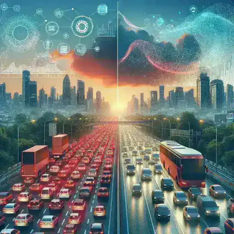 "Visual representation of traffic flow using predictive analytics technology in major cities, illustrating a significant 45% reduction in urban congestion."