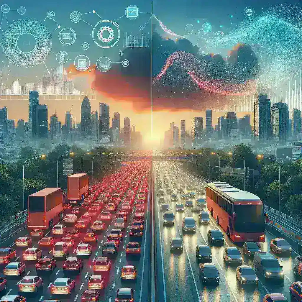 "Visual representation of traffic flow using predictive analytics technology in major cities, illustrating a significant 45% reduction in urban congestion."