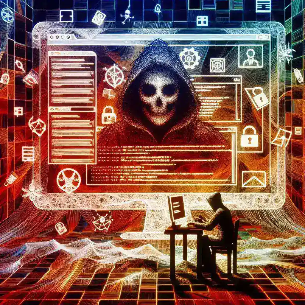 "Illustration of a hacker using malicious scripts to compromise a website, highlighting the risks of cyber attacks and web security vulnerabilities."