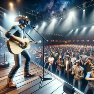 "Warner Music's interactive VR concert featuring country artists, showcasing a vibrant virtual stage with fans enjoying an immersive live performance experience."